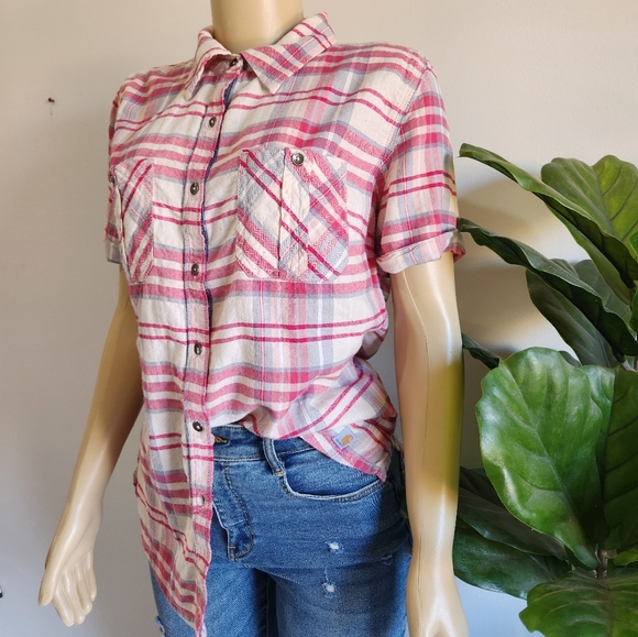 Carhartt Cowgirl Women Button Down Shirt Size M Pink-Cream Color - Picture 4 of 13